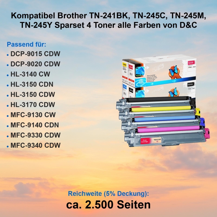 Kompatibel Brother TN-241BK, TN-245C, TN-245M, TN-245Y Sparset 4 Toner alle Farben von D&C