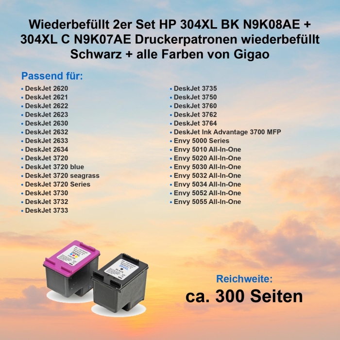 Wiederbefüllt 2er Set HP 304XL BK N9K08AE + 304XL C N9K07AE Druckerpatronen wiederbefüllt Schwarz + alle Farben von Gigao