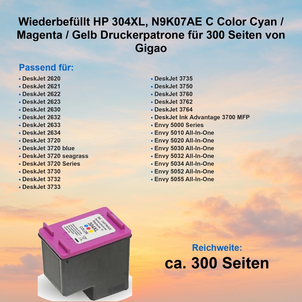 Kompatibel HP 304XL, N9K07AE C Color Cyan / Magenta / Gelb Druckerpatrone für 300 Seiten von Gigao