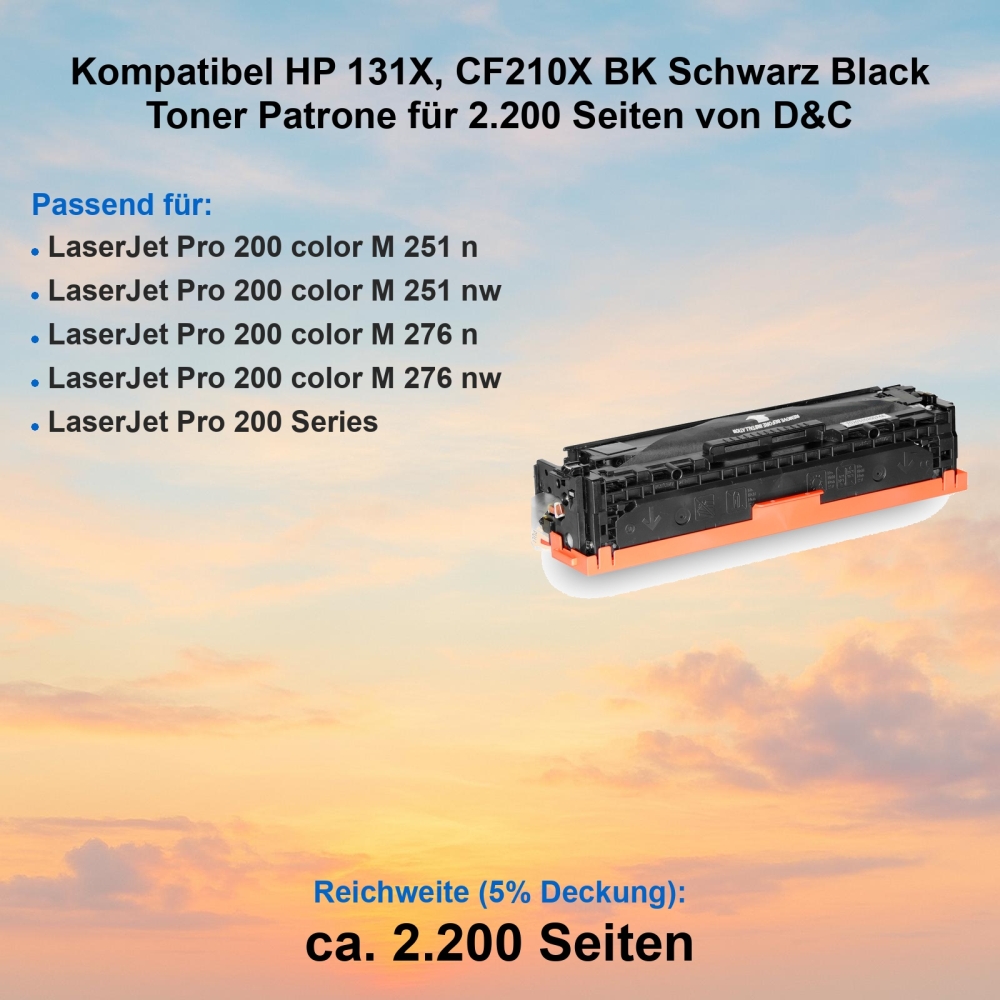 Kompatibel HP 131X, CF210X BK Schwarz Black Toner Patrone für 2.200 Seiten von D&C