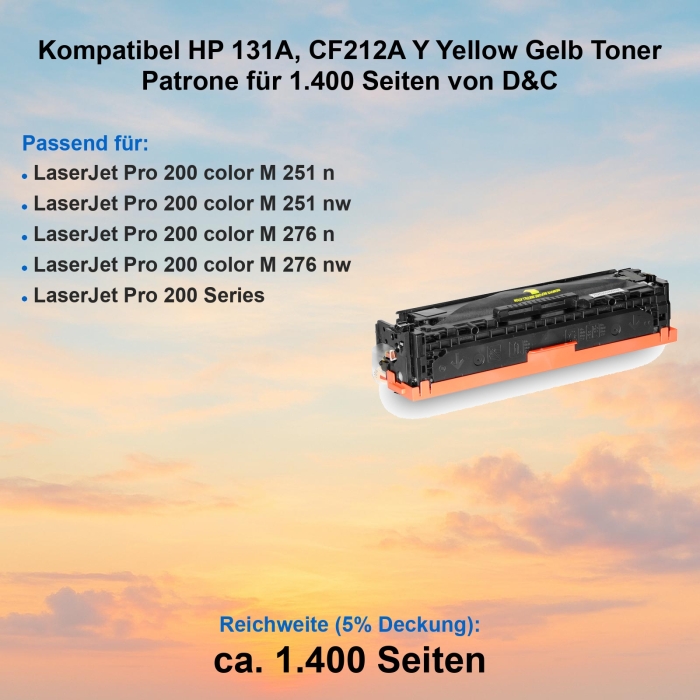 Kompatibel HP 131A, CF212A Y Yellow Gelb Toner Patrone für 1.400 Seiten von D&C