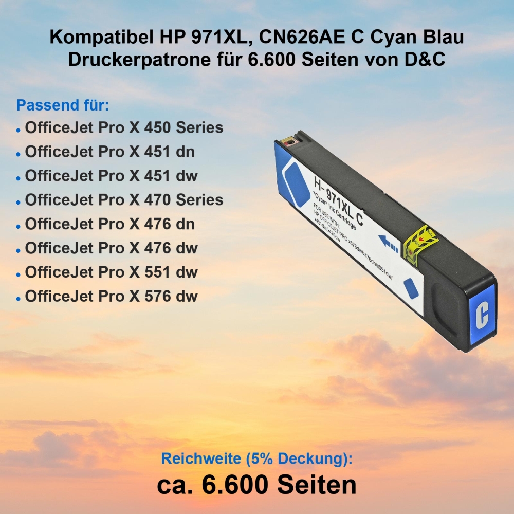 Kompatibel HP 971XL, CN626AE C Cyan Blau Druckerpatrone für 6.600 Seiten von D&C