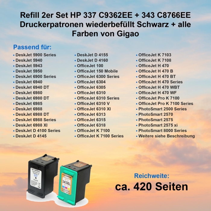 Kompatibel 2er Set HP 337 C9362EE + 343 C8766EE Druckerpatronen Schwarz + alle Farben von Gigao