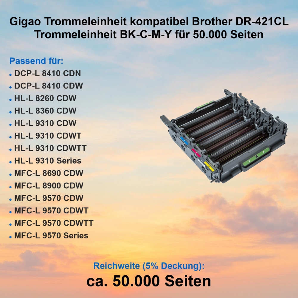 Gigao Trommeleinheit kompatibel Brother DR-421CL Trommeleinheit BK-C-M-Y für 50.000 Seiten