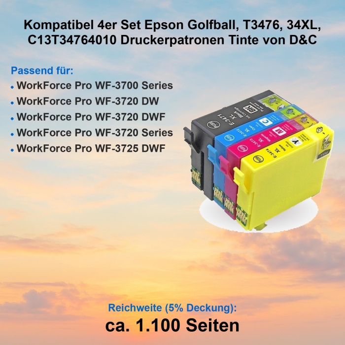 Kompatibel 4er Set Epson Golfball, T3476, 34XL,...
