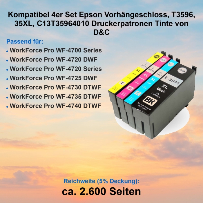 Kompatibel 4er Set Epson Vorhängeschloss, T3596, 35XL, C13T35964010 Druckerpatronen Tinte von D&C