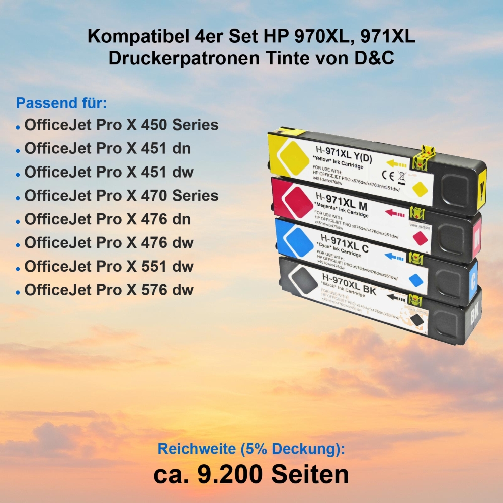 Kompatibel 4er Set HP 970XL, 971XL Druckerpatronen Tinte von D&C