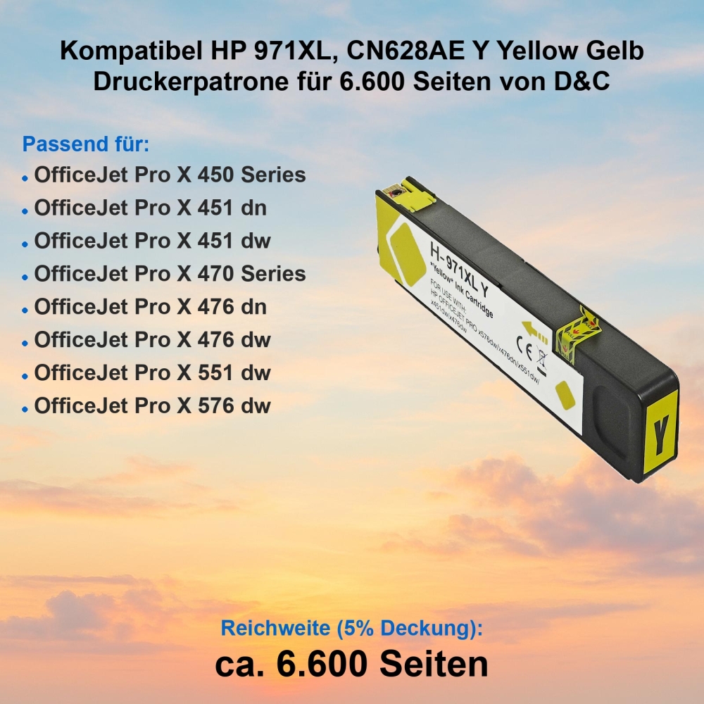 Kompatibel HP 971XL, CN628AE Y Yellow Gelb Druckerpatrone für 6.600 Seiten von D&C