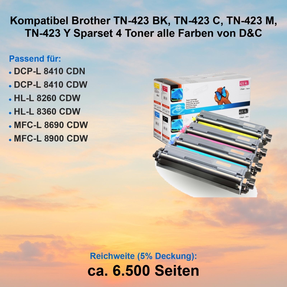Kompatibel Brother TN-423 BK, TN-423 C, TN-423 M, TN-423 Y Sparset 4 Toner alle Farben von D&C