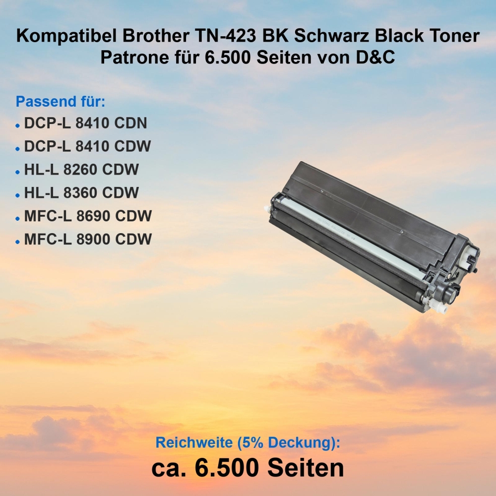 Kompatibel Brother TN-423 BK Schwarz Black Toner Patrone für 6.500 Seiten von D&C