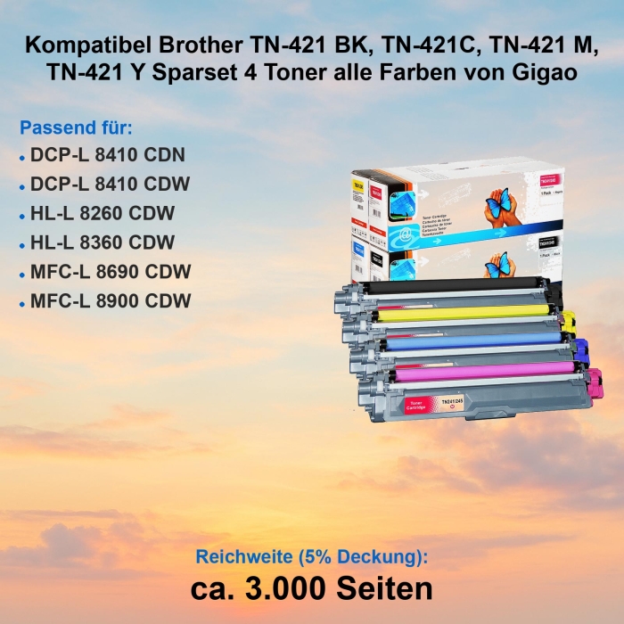 Kompatibel Brother TN-421 BK, TN-421C, TN-421 M, TN-421 Y Sparset 4 Toner alle Farben von Gigao