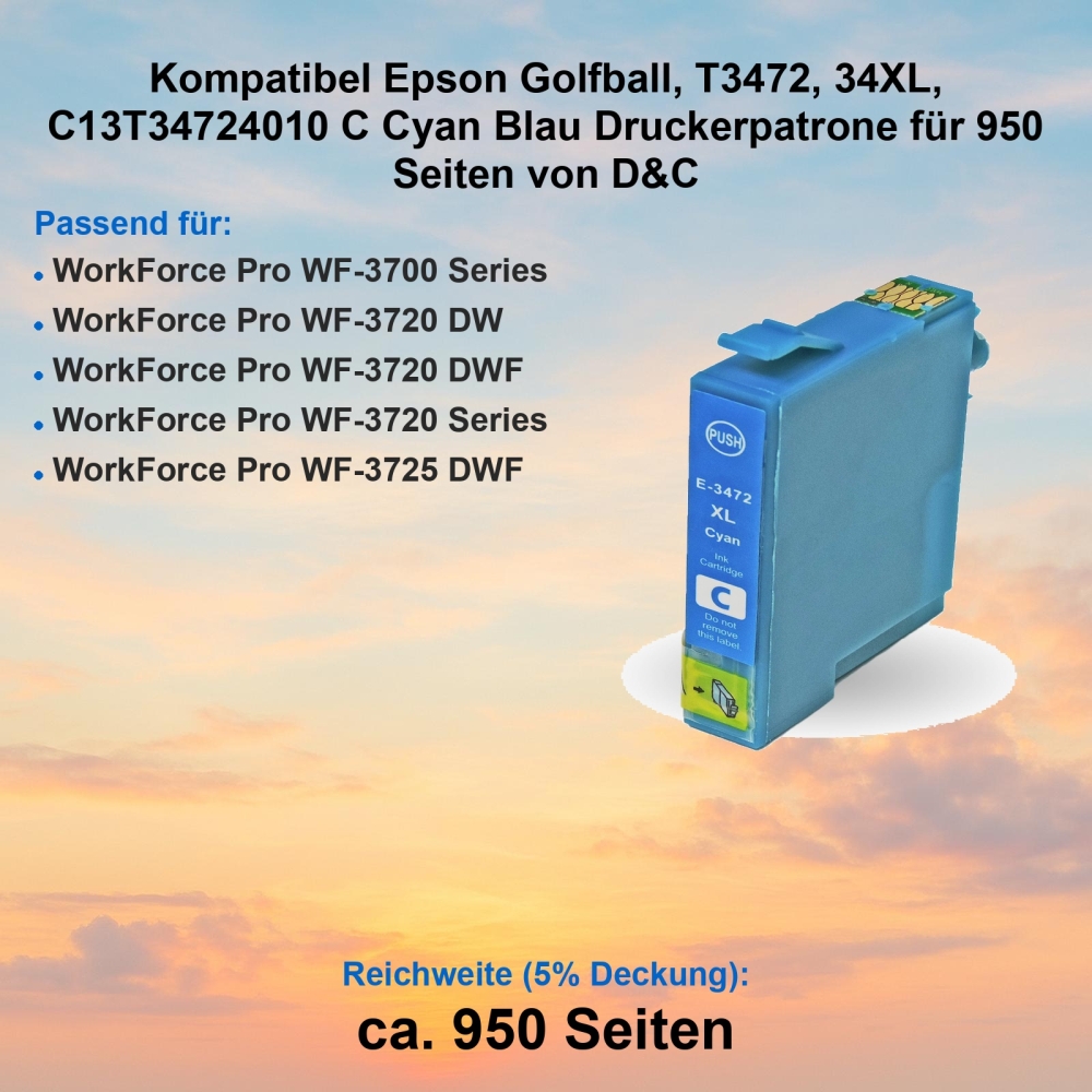 Kompatibel Epson Golfball, T3472, 34XL, C13T34724010 C Cyan Blau Druckerpatrone für 950 Seiten von D&C