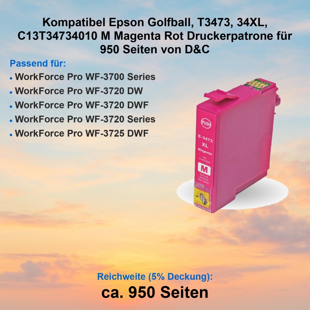 Kompatibel Epson Golfball, T3473, 34XL, C13T34734010 M Magenta Rot Druckerpatrone für 950 Seiten von D&C