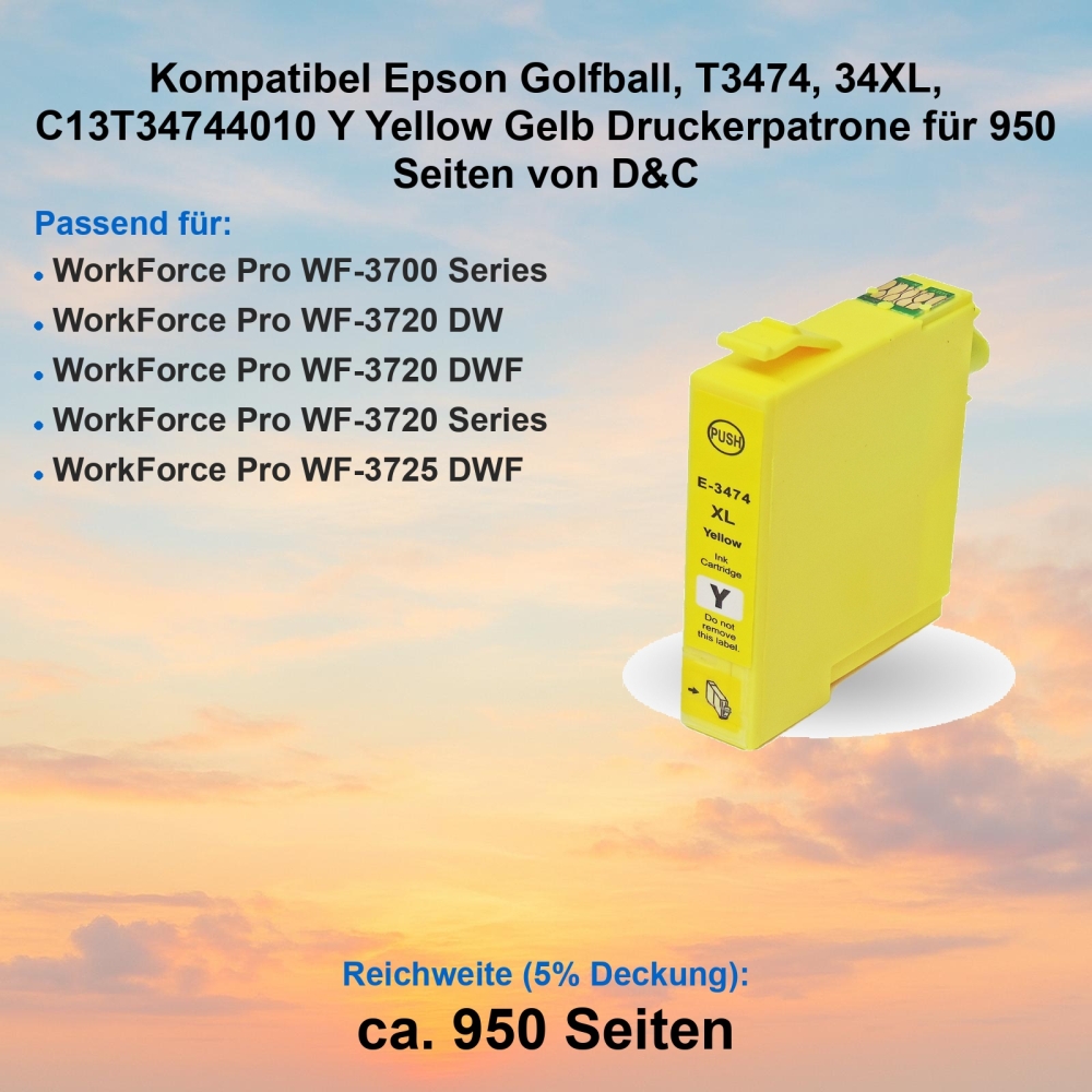 Kompatibel Epson Golfball, T3474, 34XL, C13T34744010 Y Yellow Gelb Druckerpatrone für 950 Seiten von D&C