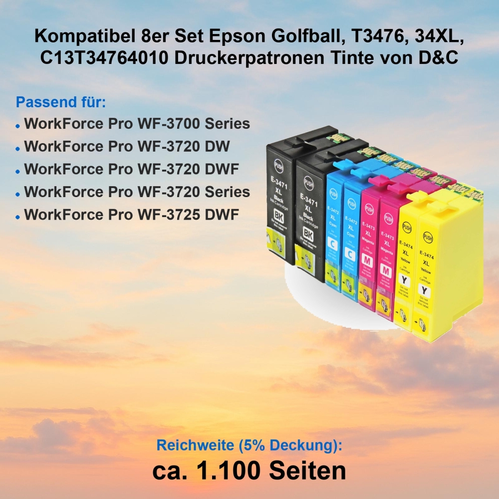 Kompatibel 8er Set Epson Golfball, T3476, 34XL, C13T34764010 Druckerpatronen Tinte von D&C