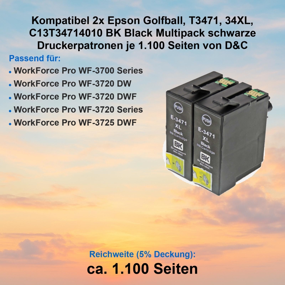 Kompatibel 2x Epson Golfball, T3471, 34XL, C13T34714010 BK Black Multipack schwarze Druckerpatronen je 1.100 Seiten von D&C