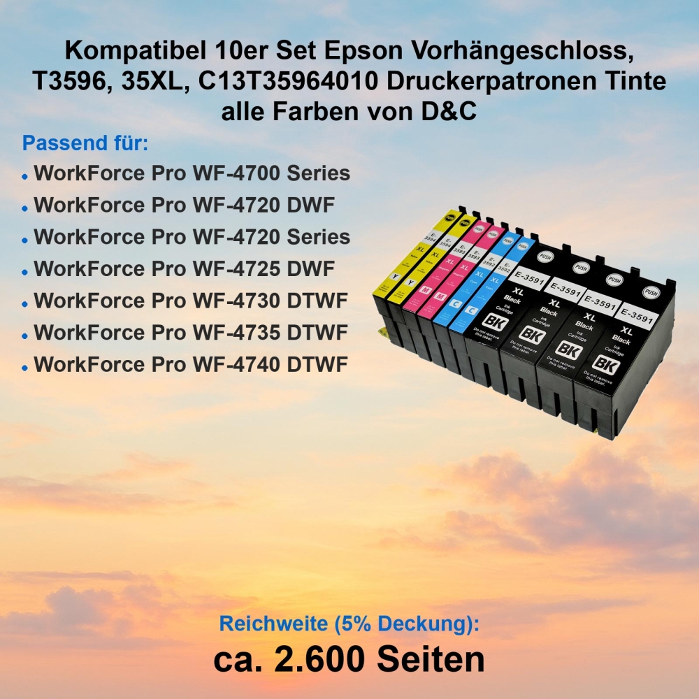 Kompatibel 10er Set Epson Vorhängeschloss, T3596, 35XL, C13T35964010 Druckerpatronen Tinte alle Farben von D&C
