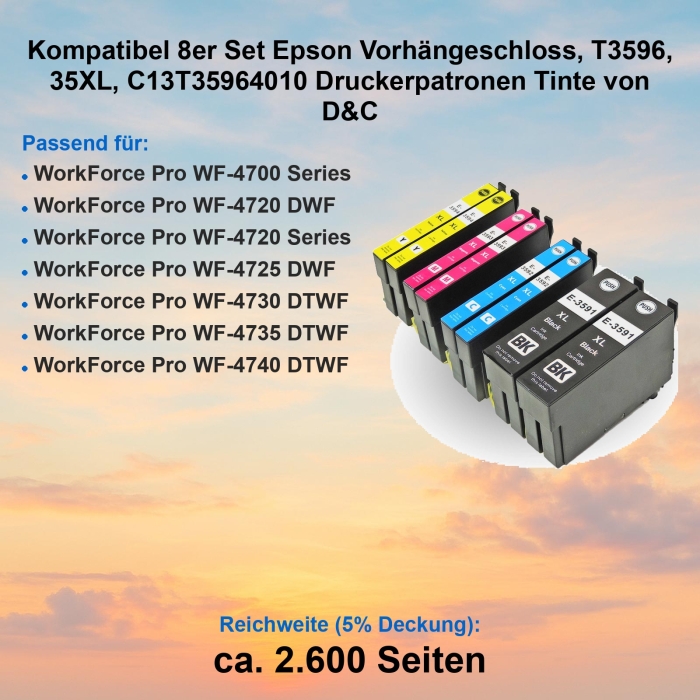 Kompatibel 8er Set Epson Vorhängeschloss, T3596, 35XL, C13T35964010 Druckerpatronen Tinte von D&C