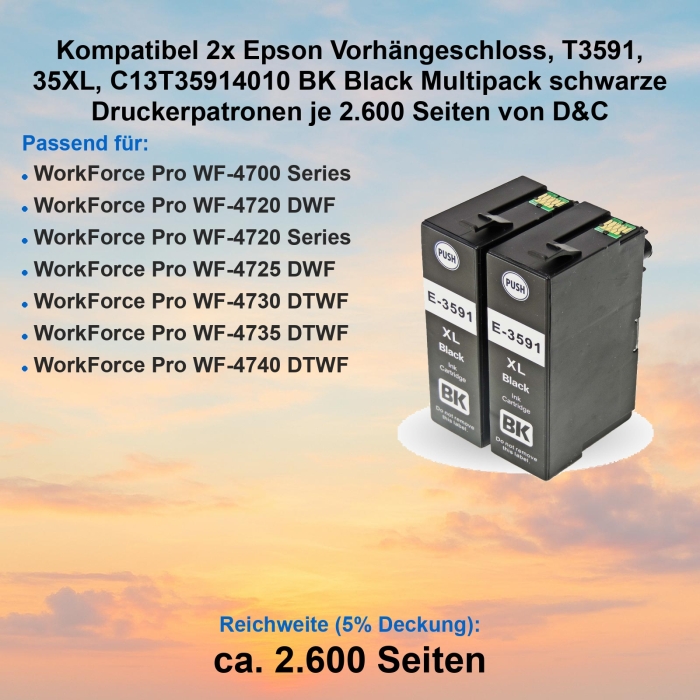Kompatibel 2x Epson Vorhängeschloss, T3591, 35XL, C13T35914010 BK Black Multipack schwarze Druckerpatronen je 2.600 Seiten von D&C