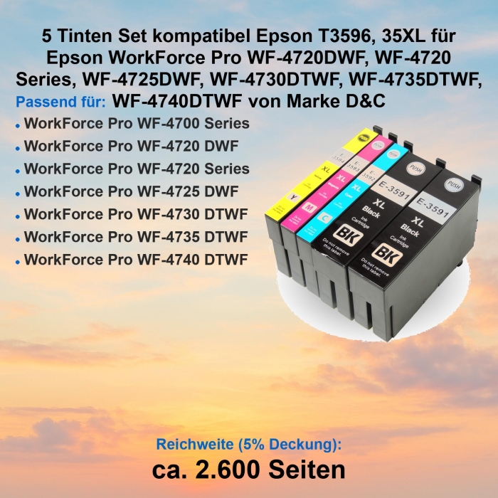5 Tinten Set kompatibel Epson T3596, 35XL für Epson WorkForce Pro WF-4720DWF, WF-4720 Series, WF-4725DWF, WF-4730DTWF, WF-4735DTWF, WF-4740DTWF von Marke D&C