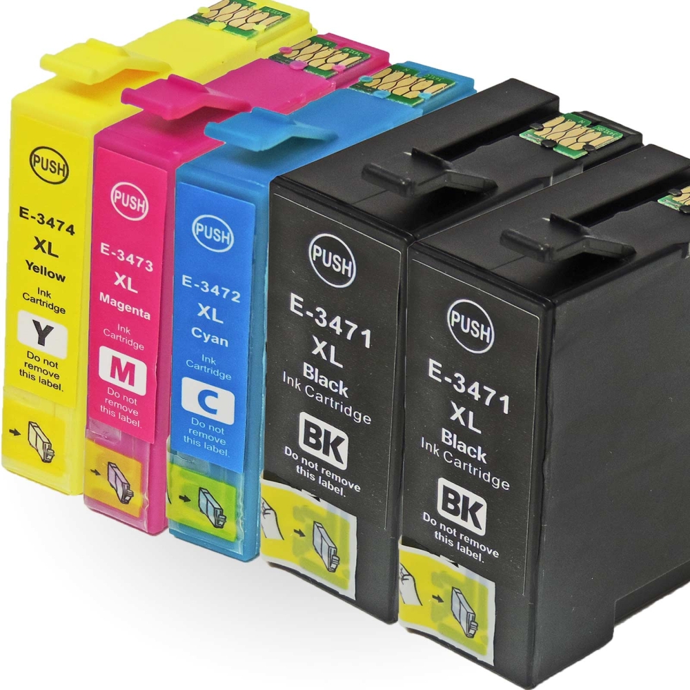 Kompatibel 5er Set Epson Golfball, T3476, 34XL, C13T34764010 Druckerpatronen Tinte 2x Schwarz und je 1x Cyan, Magenta und Gelb von D&C