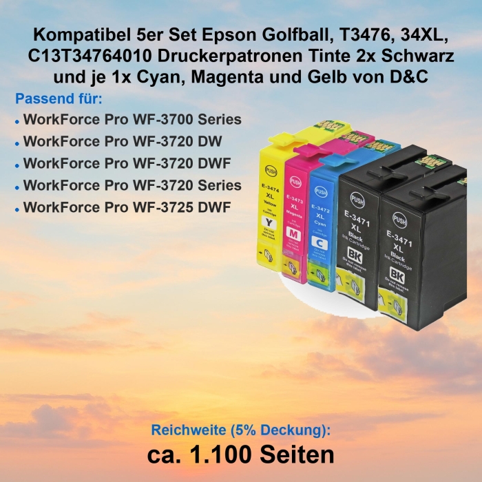 Kompatibel 5er Set Epson Golfball, T3476, 34XL, C13T34764010 Druckerpatronen Tinte 2x Schwarz und je 1x Cyan, Magenta und Gelb von D&C
