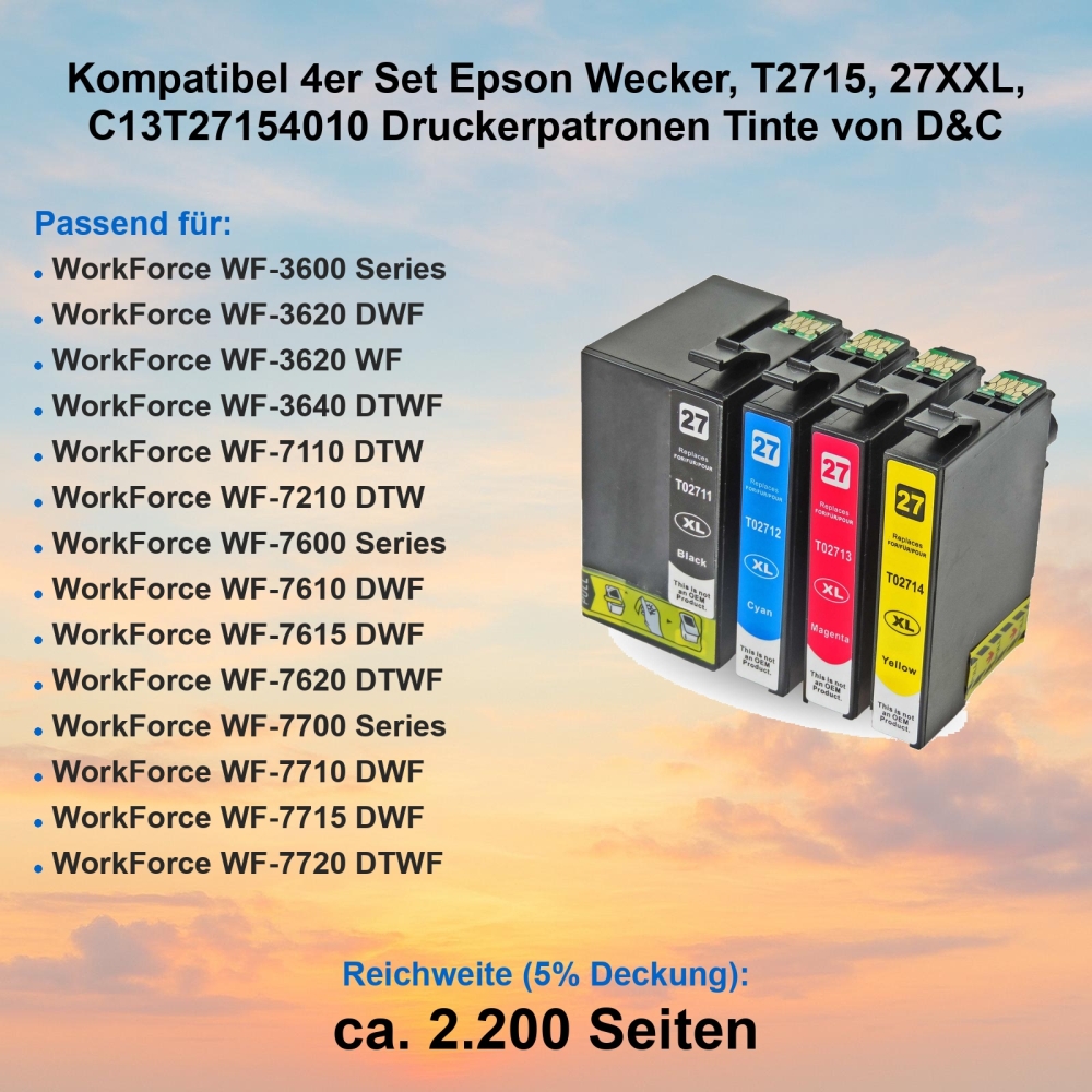 Kompatibel 4er Set Epson Wecker, T2715, 27XXL, C13T27154010 Druckerpatronen Tinte von D&C