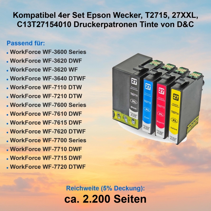 Kompatibel 4er Set Epson Wecker, T2715, 27XXL, C13T27154010 Druckerpatronen Tinte von D&C