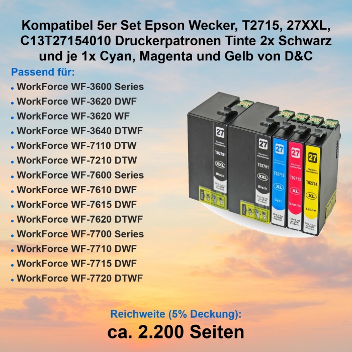 Kompatibel 5er Set Epson Wecker, T2715, 27XXL, C13T27154010 Druckerpatronen Tinte 2x Schwarz und je 1x Cyan, Magenta und Gelb von D&C