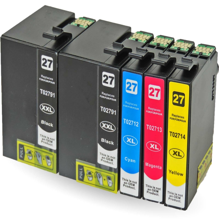 Kompatibel 5er Set Epson Wecker, T2715, 27XXL, C13T27154010 Druckerpatronen Tinte 2x Schwarz und je 1x Cyan, Magenta und Gelb von D&C