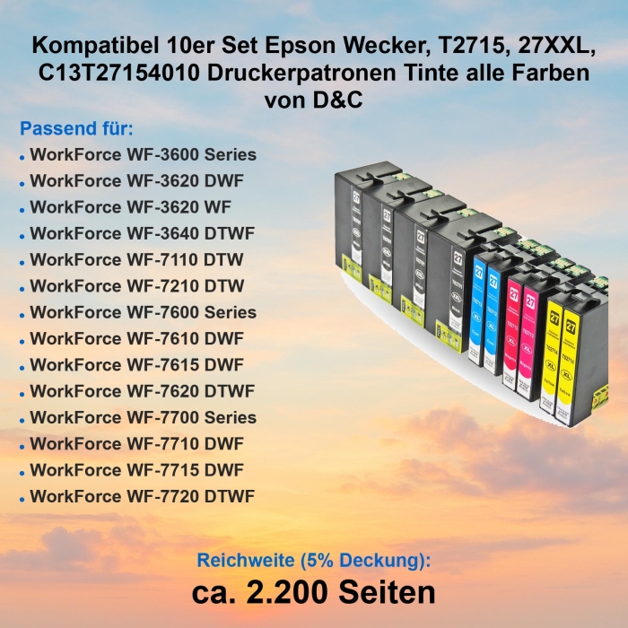 Kompatibel 10er Set Epson Wecker, T2715, 27XXL, C13T27154010 Druckerpatronen Tinte alle Farben von D&C