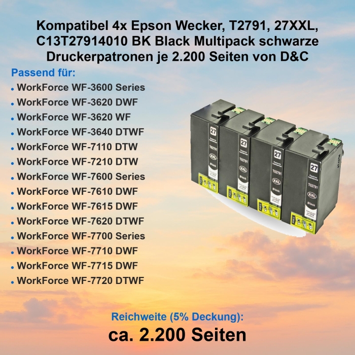 Kompatibel 4x Epson Wecker, T2791, 27XXL, C13T27914010 BK Black Multipack schwarze Druckerpatronen je 2.200 Seiten von D&C