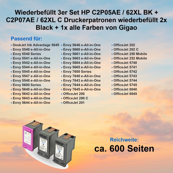 Wiederbefüllt 3er Set HP C2P05AE / 62XL BK + C2P07AE / 62XL C Druckerpatronen wiederbefüllt 2x Black + 1x alle Farben von Gigao