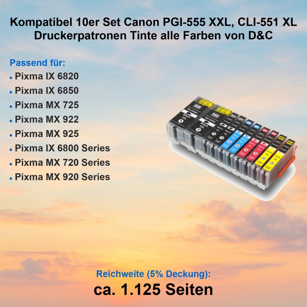 Kompatibel 10er Set Canon PGI-555 XXL, CLI-551 XL Druckerpatronen Tinte alle Farben von D&C
