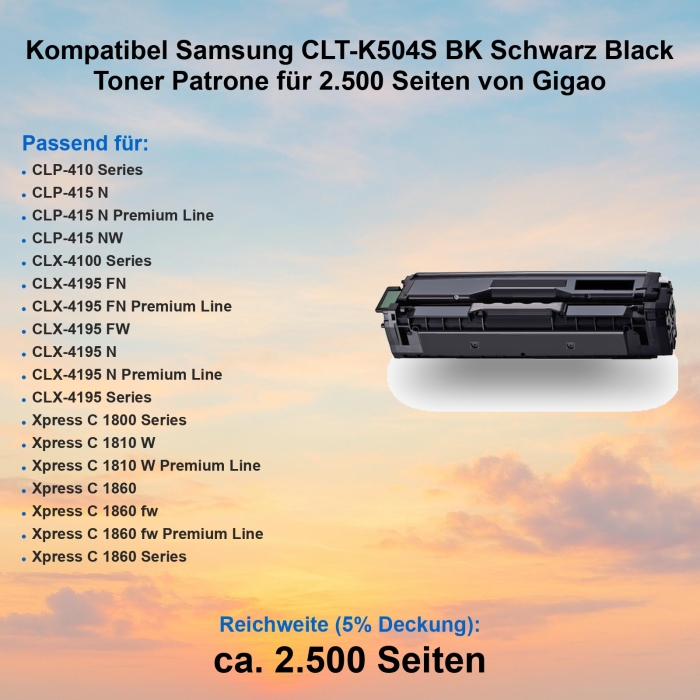 Kompatibel Samsung CLT-K504S BK Schwarz Black Toner Patrone für 2.500 Seiten von Gigao