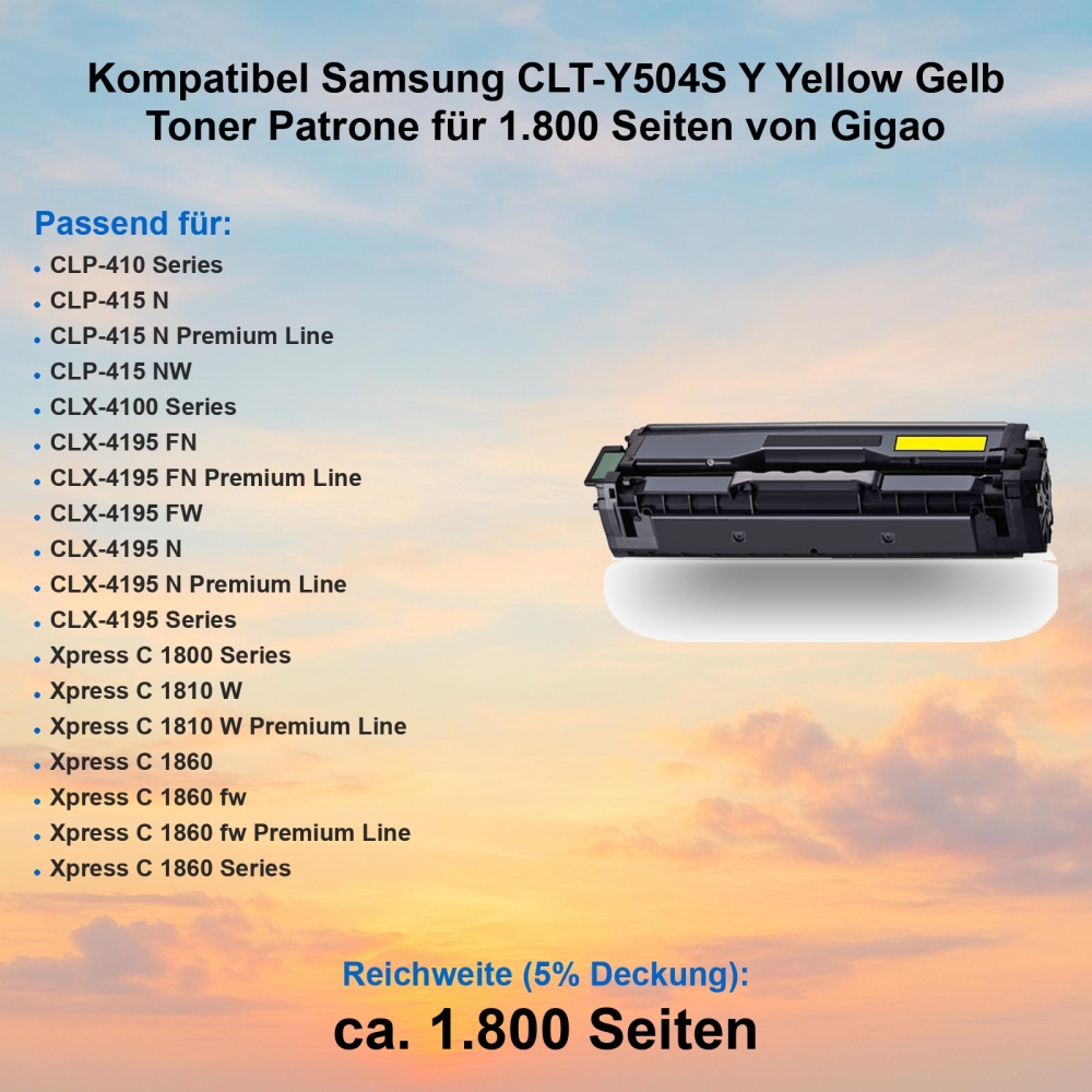 Kompatibel Samsung CLT-Y504S Y Yellow Gelb Toner Patrone für 1.800 Seiten von Gigao