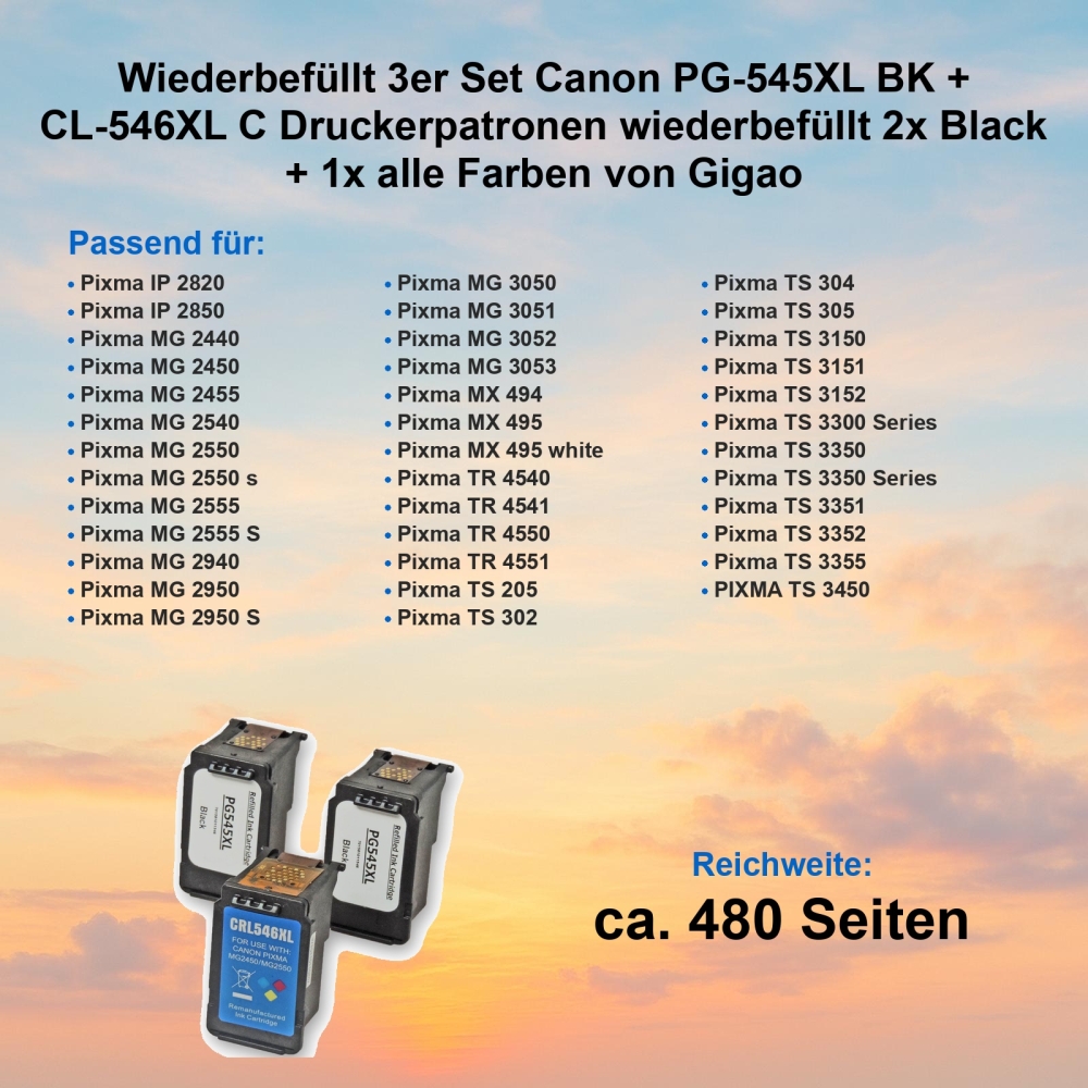 Wiederbefüllt 3er Set Canon PG-545XL BK + CL-546XL C Druckerpatronen wiederbefüllt 2x Black + 1x alle Farben von Gigao