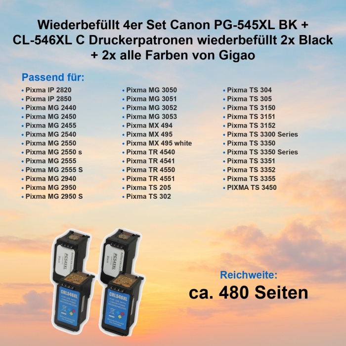 Kompatibel 4er Set Canon PG-545XL BK + CL-546XL C Druckerpatronen 2x Black + 2x alle Farben von Gigao