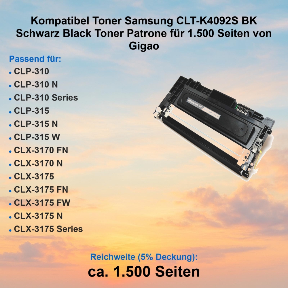 Kompatibel Toner Samsung CLT-K4092S BK Schwarz Black Toner Patrone für 1.500 Seiten von Gigao
