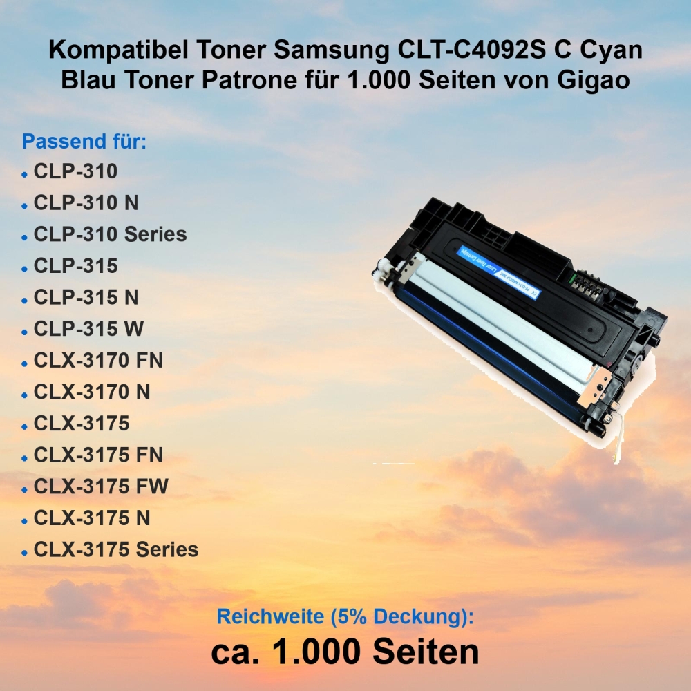 Kompatibel Toner Samsung CLT-C4092S C Cyan Blau Toner Patrone für 1.000 Seiten von Gigao