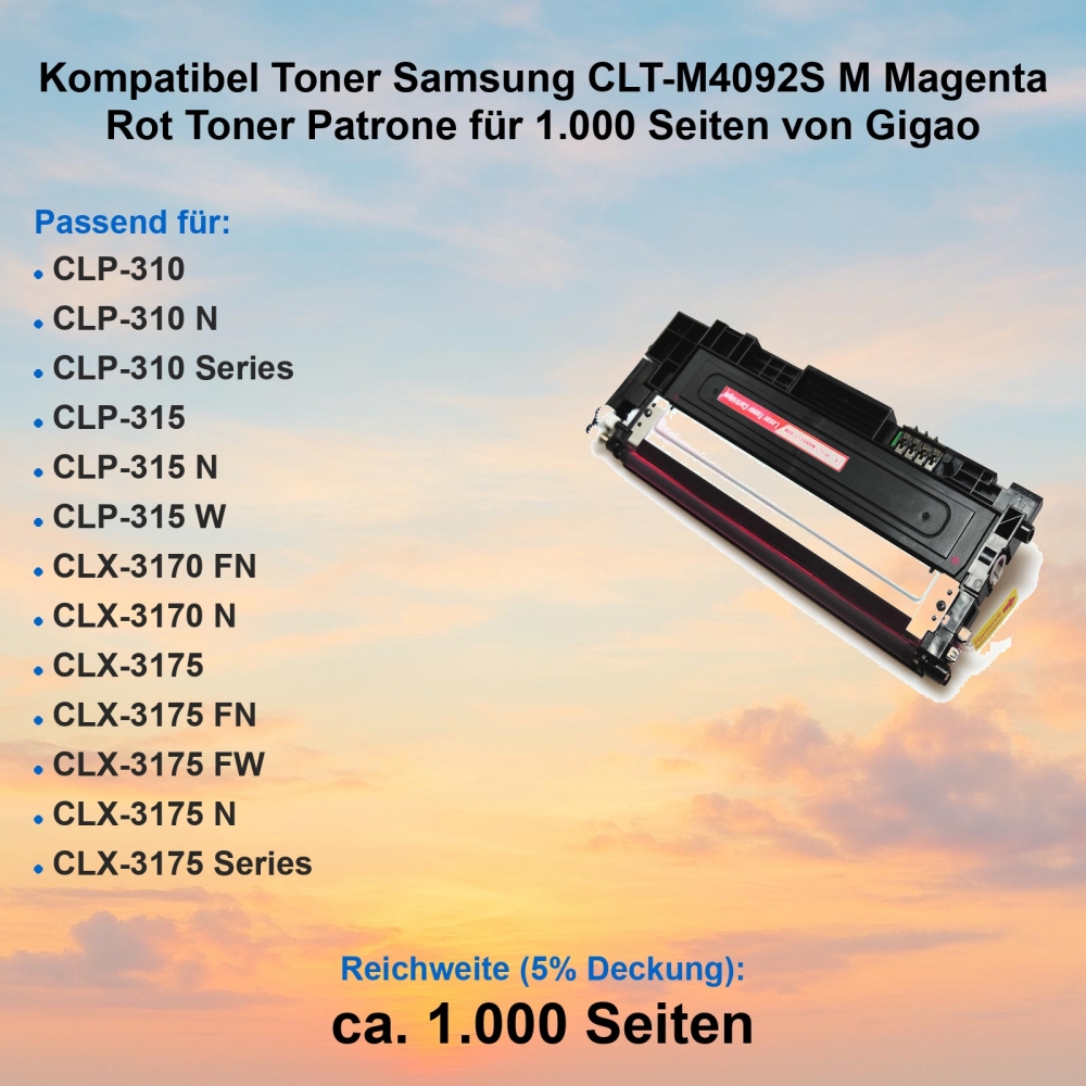 Kompatibel Toner Samsung CLT-M4092S M Magenta Rot Toner Patrone für 1.000 Seiten von Gigao