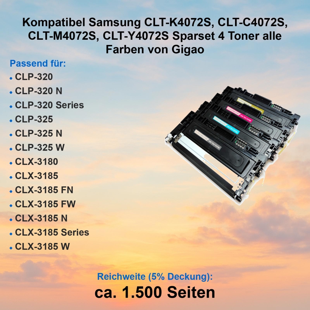 Kompatibel Samsung CLT-K4072S, CLT-C4072S, CLT-M4072S, CLT-Y4072S Sparset 4 Toner alle Farben von Gigao