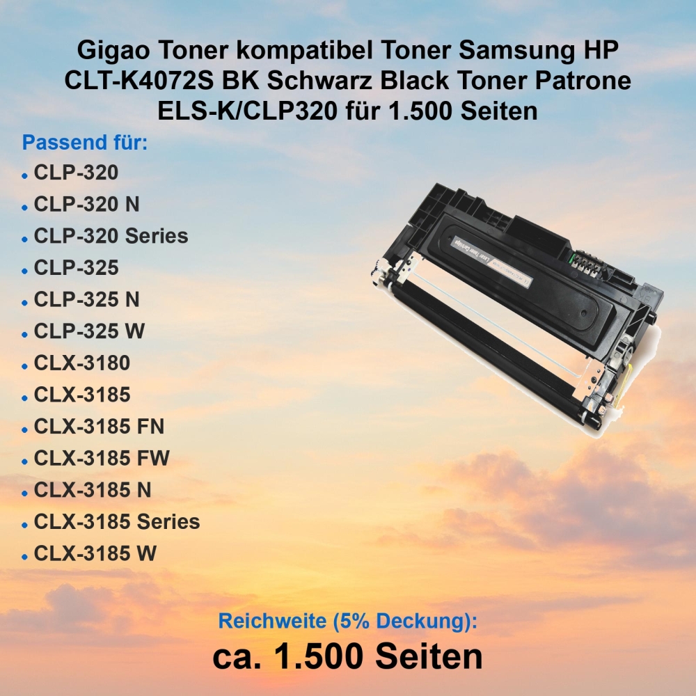 Gigao Toner kompatibel Toner Samsung HP CLT-K4072S BK Schwarz Black Toner Patrone ELS-K/CLP320 für 1.500 Seiten