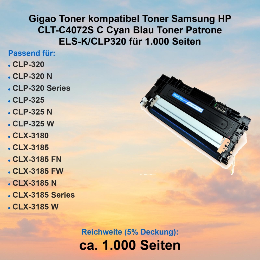 Gigao Toner kompatibel Toner Samsung HP CLT-C4072S C Cyan Blau Toner Patrone ELS-K/CLP320 für 1.000 Seiten