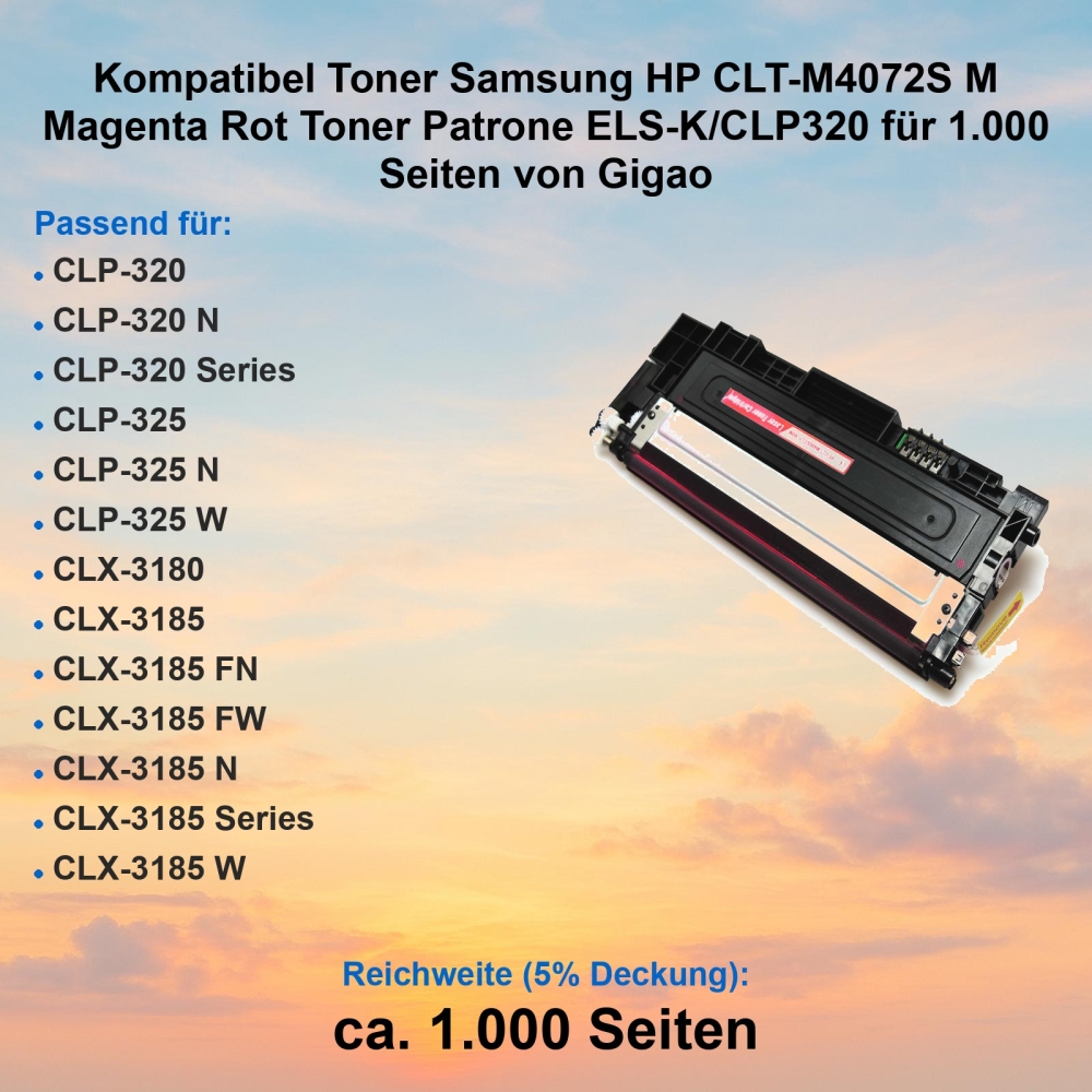 Kompatibel Toner Samsung HP CLT-M4072S M Magenta Rot Toner Patrone ELS-K/CLP320 für 1.000 Seiten von Gigao
