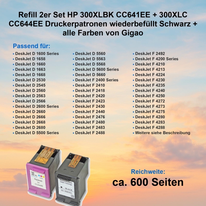Kompatibel 2er Set HP 300XLBK CC641EE + 300XLC CC644EE Druckerpatronen Schwarz + alle Farben von Gigao