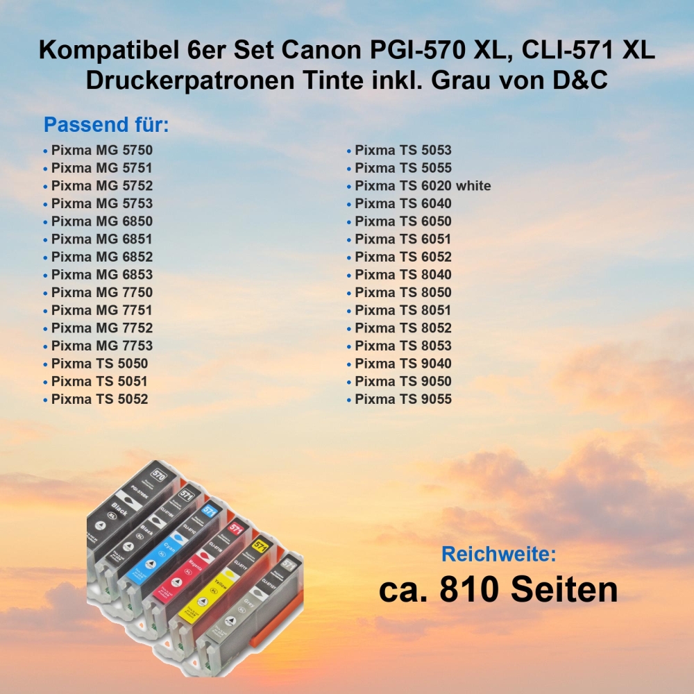 6 Druckerpatronent kompatibel Canon PGI-570 XL, CLI-571 XL  inkl. Tintenfarbe Grau von D&C