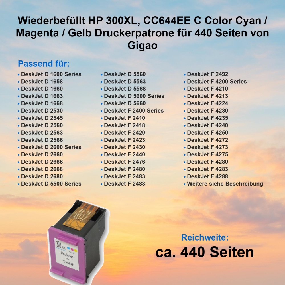 Wiederbefüllt HP 300XL, CC644EE C Color Cyan / Magenta / Gelb Druckerpatrone für 440 Seiten von Gigao