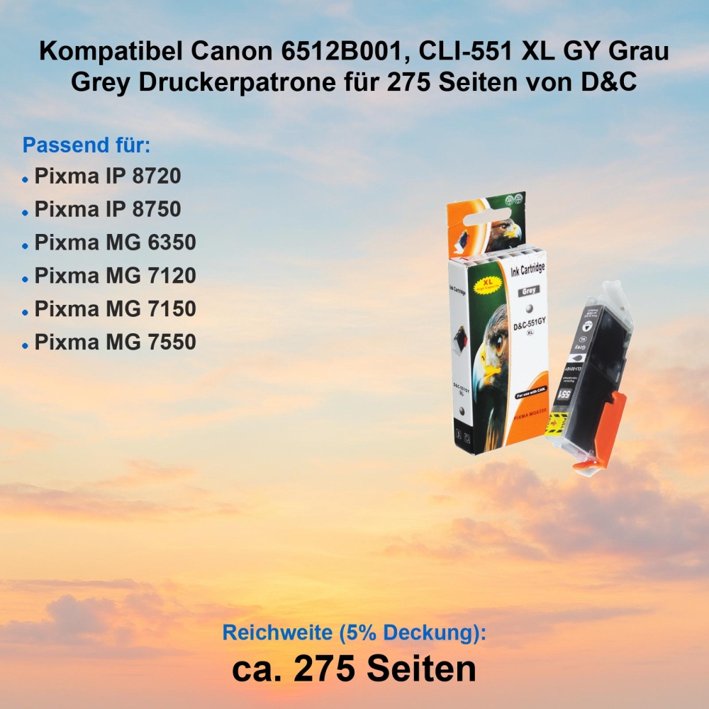 Kompatibel Canon 6512B001, CLI-551 XL GY Grau Grey Druckerpatrone für 275 Seiten von D&C