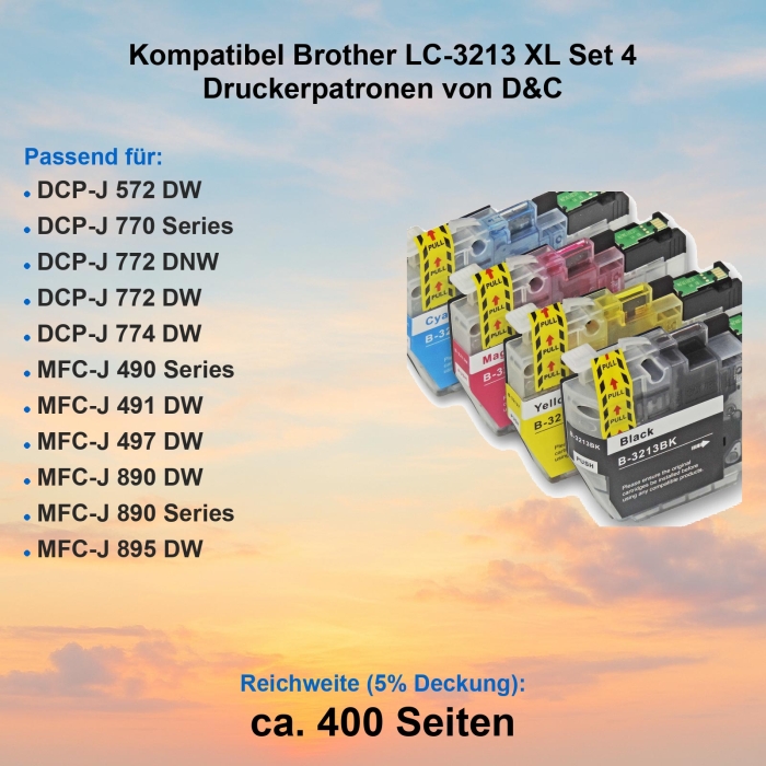 Kompatibel Brother LC-3213 XL Set 4 Druckerpatronen von D&C